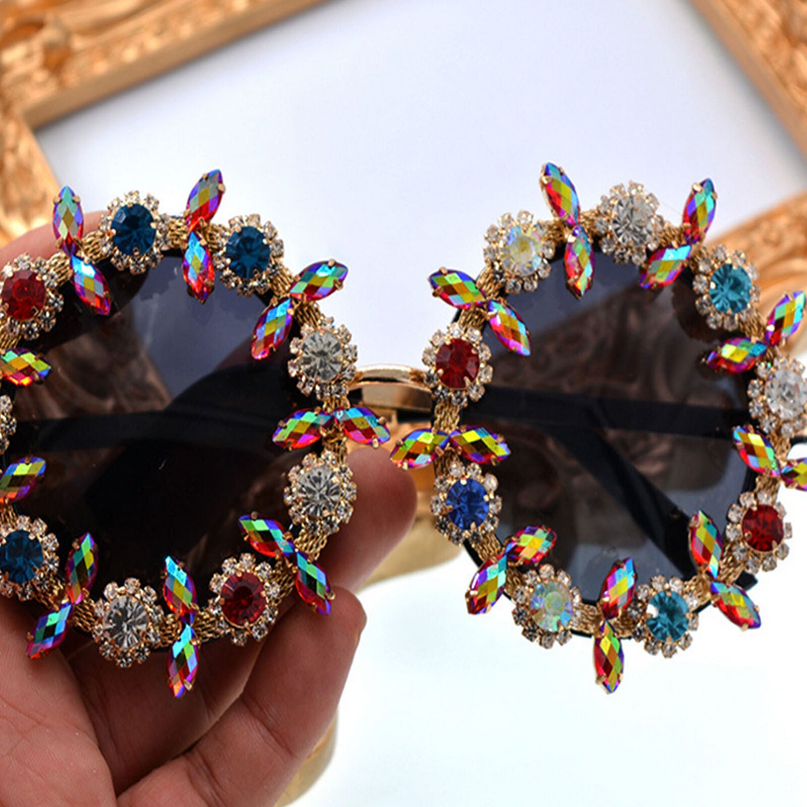 Luxury Round Oversized Rhinestone Sunglasses Handmade Women Fashion Shades