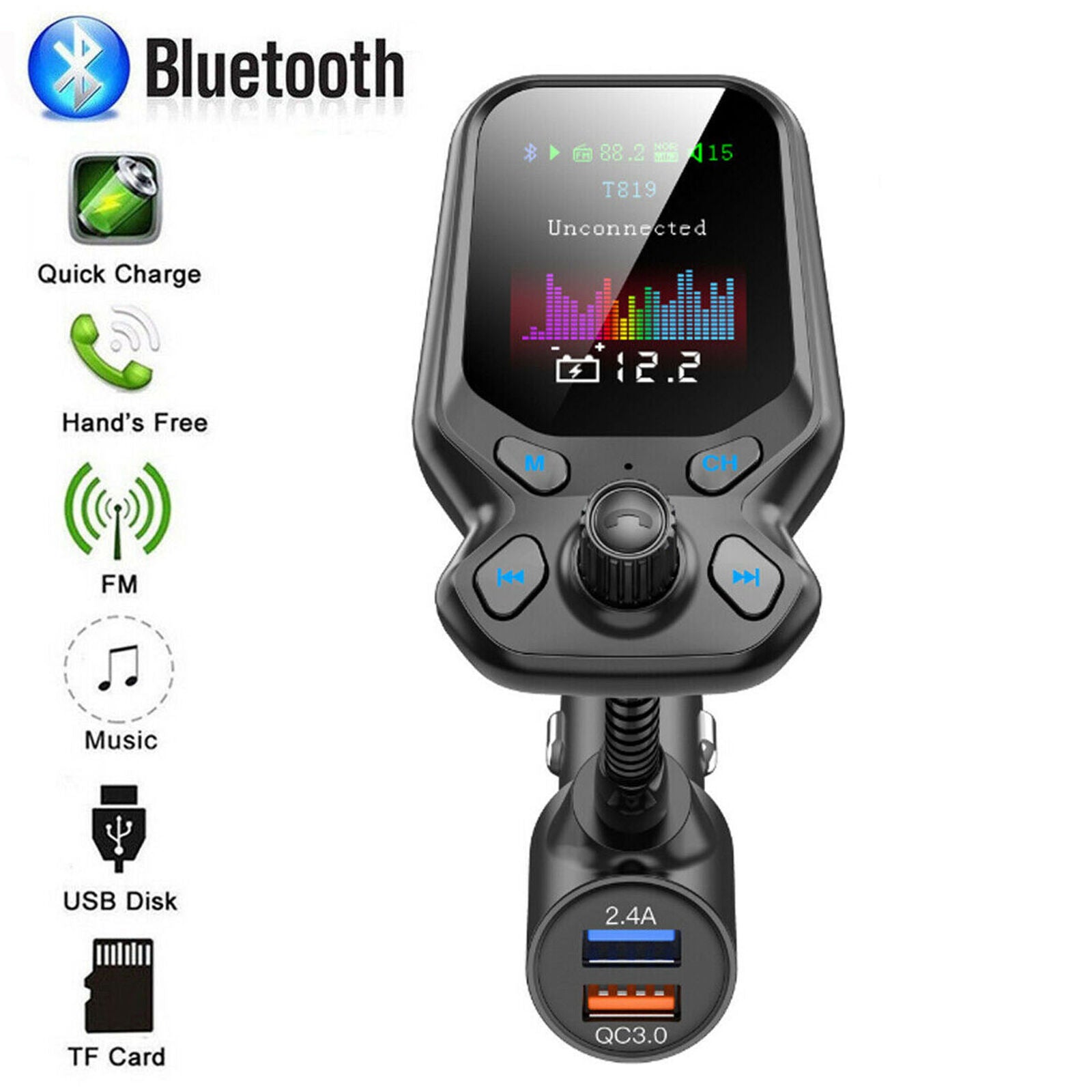 Bluetooth 5.0 In-Car Wireless FM Transmitter MP3 AUX Radio Adapter 2 USB Charger