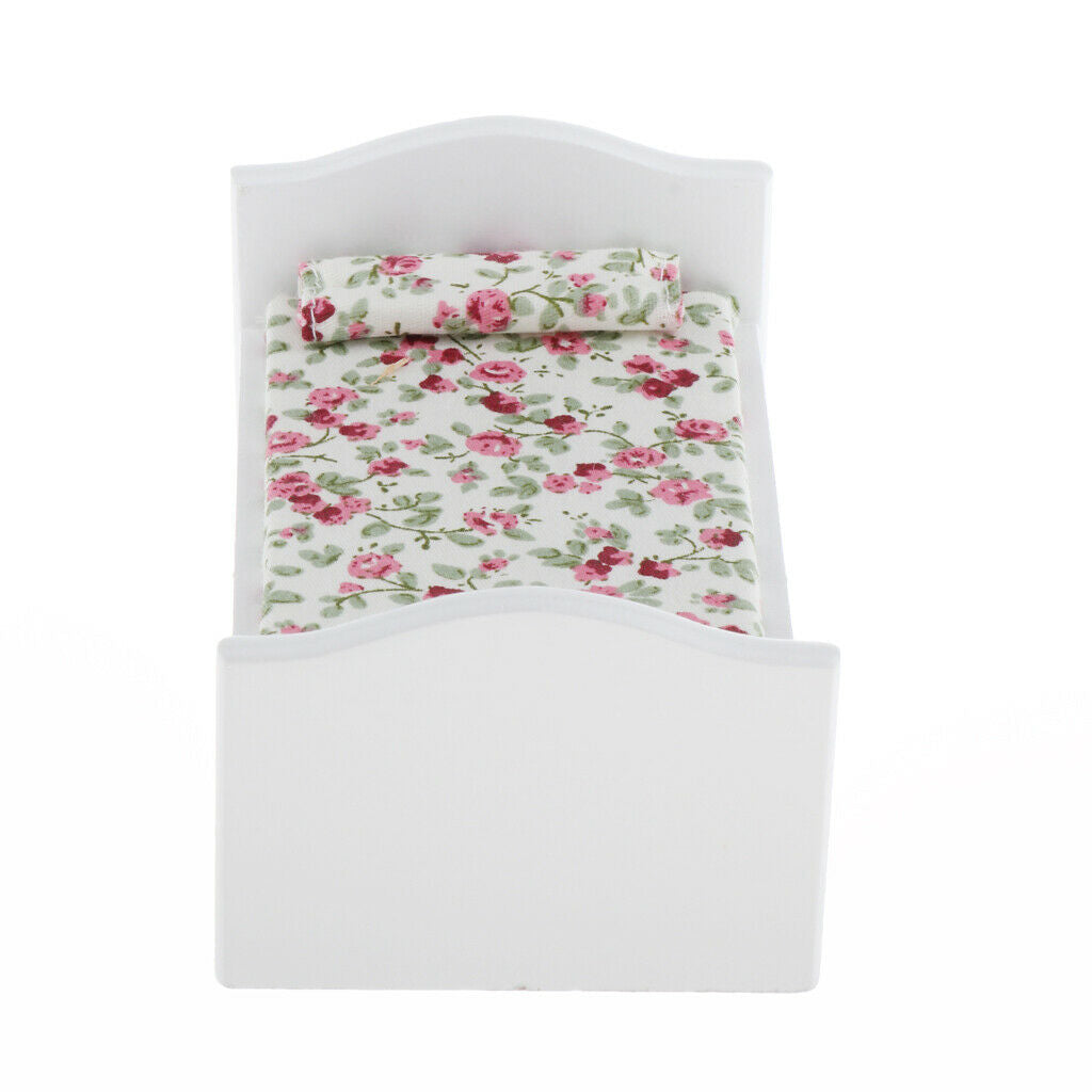 1:12 Scale Single Bed Floral Mattress Bedside Cabinet Furniture Accessory