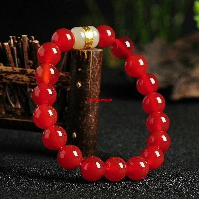 Certified Natural Red Agate Hetian White Jade Bead Bangle Bracelet Bead Dia.10mm