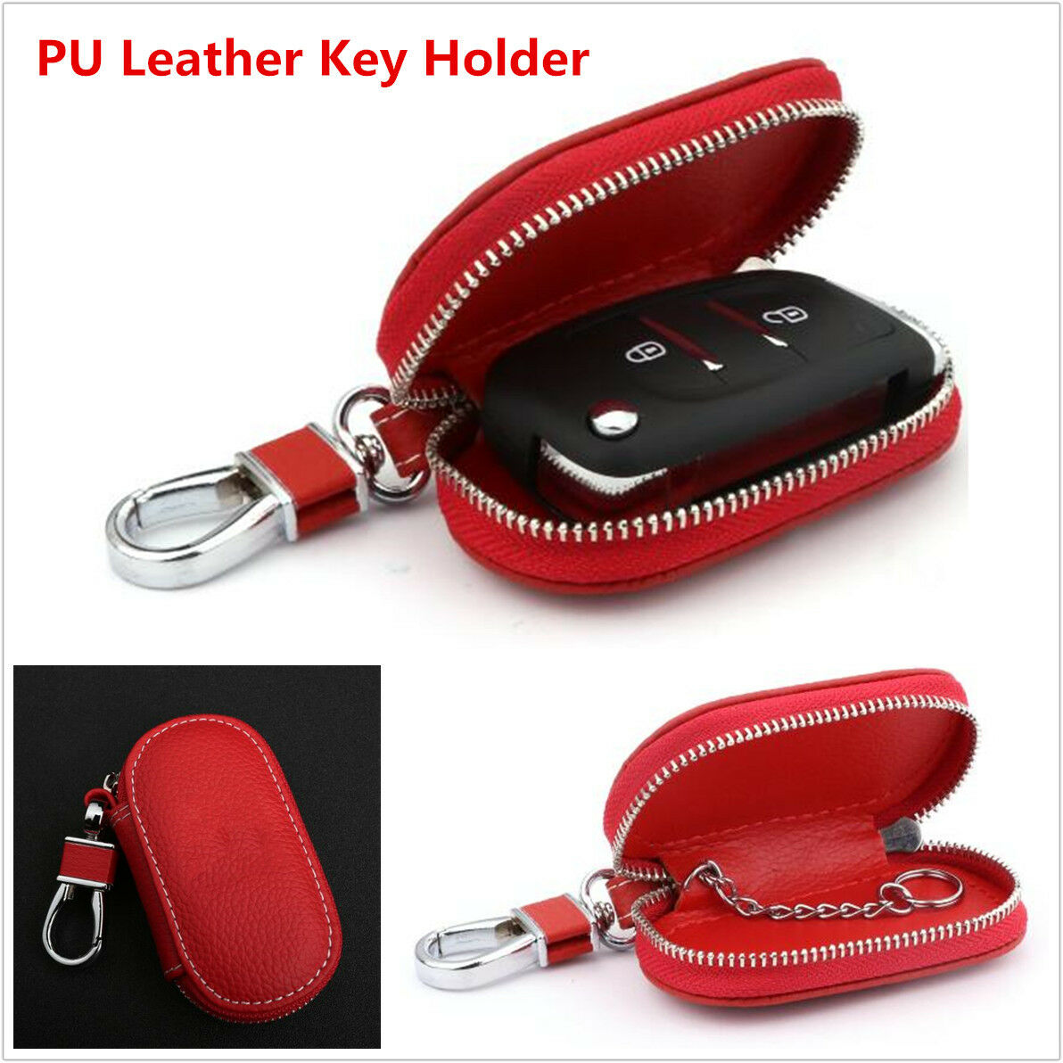 1x Universal PU Leather Auto Car Truck Smart Remote Key Holder Fob Bag Case Red