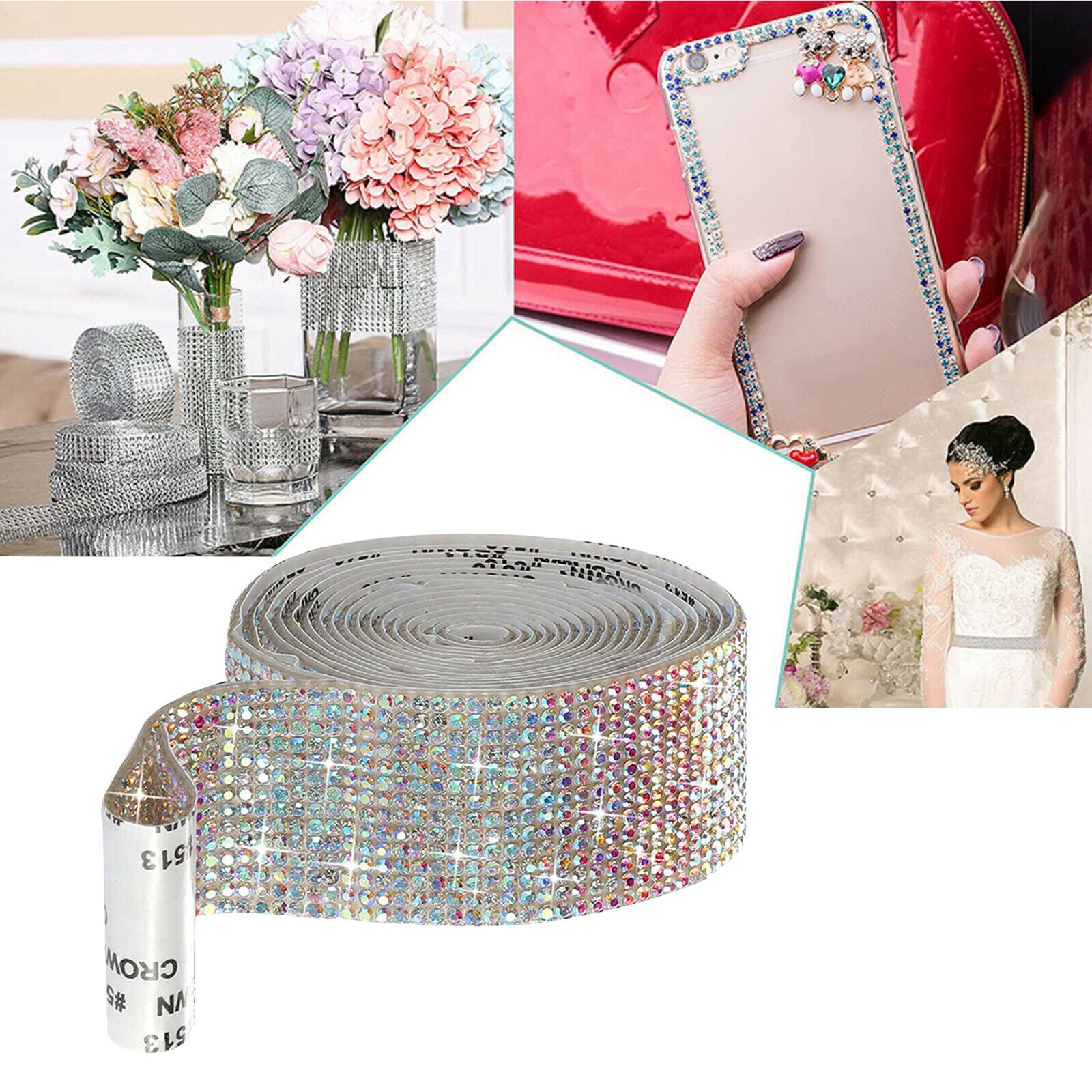Self-Adhesive Rhinestone Diamond Ribbons DIY Car Phone Multicolor 1.4cm