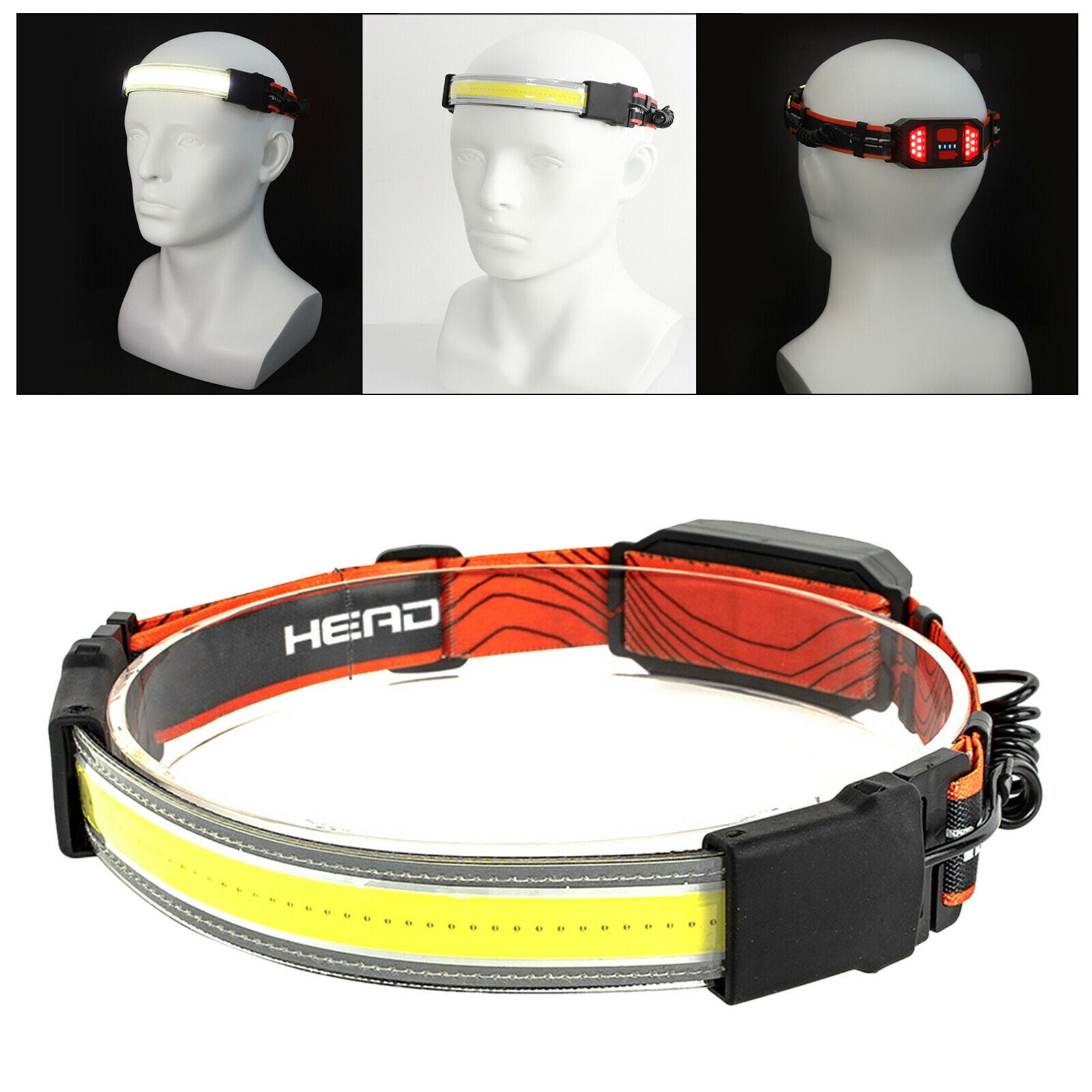 USB COB+LED Headlamp Torch Bar 3 Modes Broadbeam Rechargeable for Camping