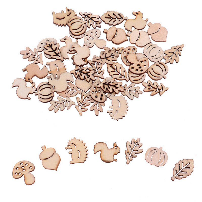 50x Mixed Wooden Craft Squirrel Leaves Mushroom Shape Hedgehog Decoration.l8