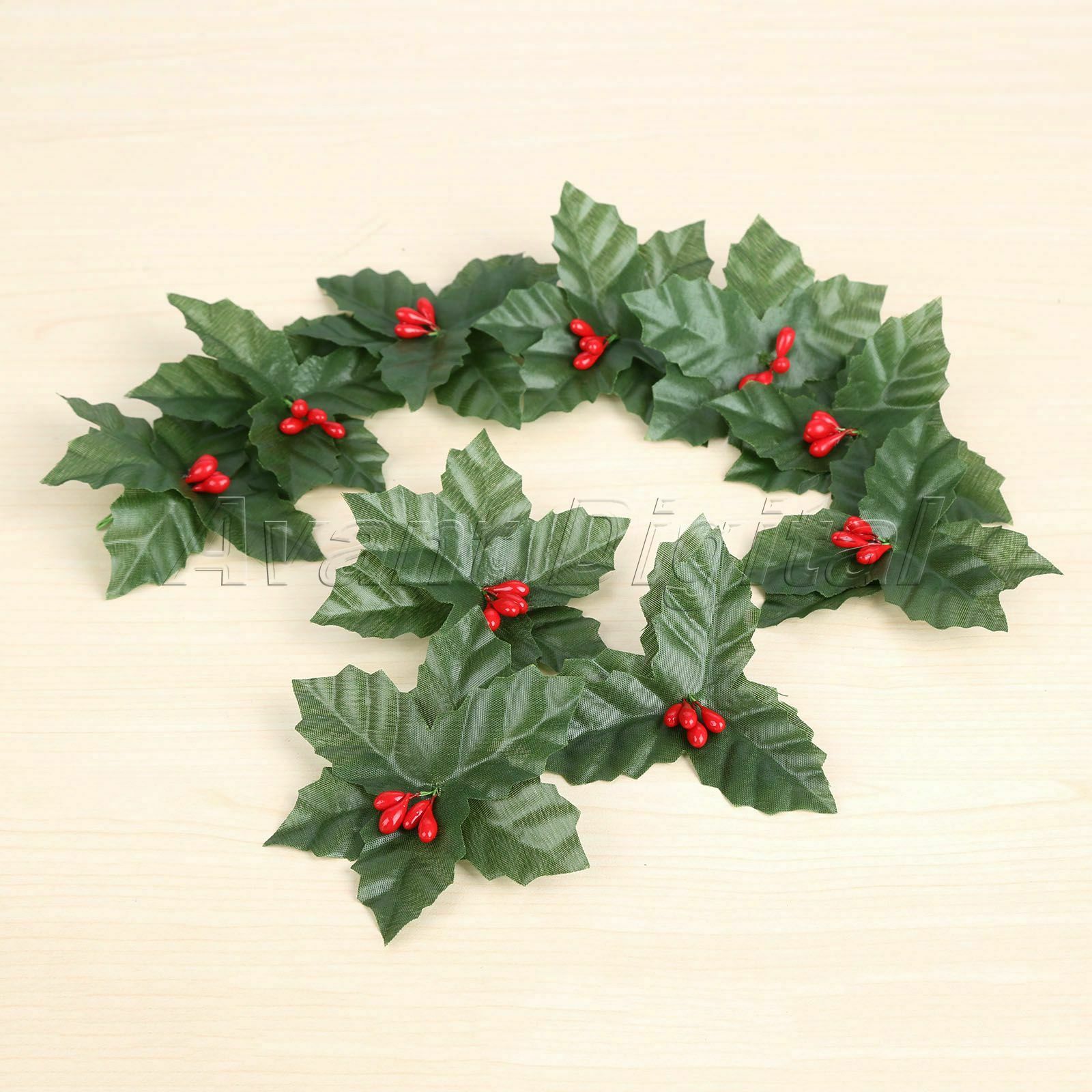 Decoration Artificial Leaf Mini Holly Berries Christmas Flower Silk Leaves 10Pcs