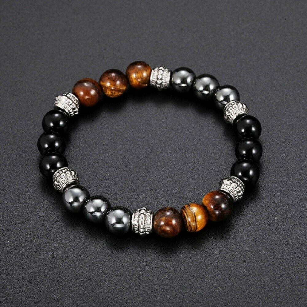 Energy Healing Stretch Bracelet Natural Stone Hematite Tiger Eye Obsidian Retro