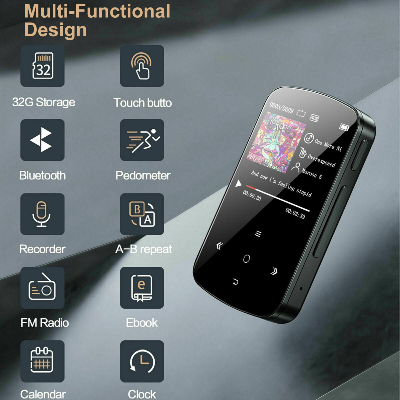 32GB HiFi Lossless Sound FM Radio Bluetooth MP3 Player Clip Music Voice Recorder