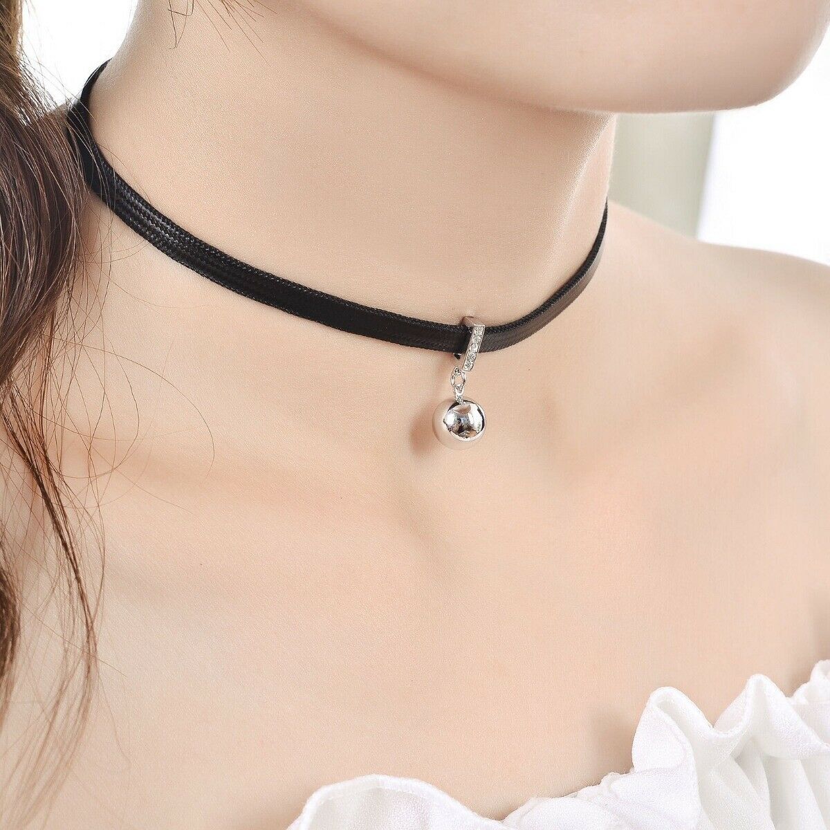 90's Sexy Black Leather 10mm Ball Bead Charm Pendant Choker Necklace Cord Gifts