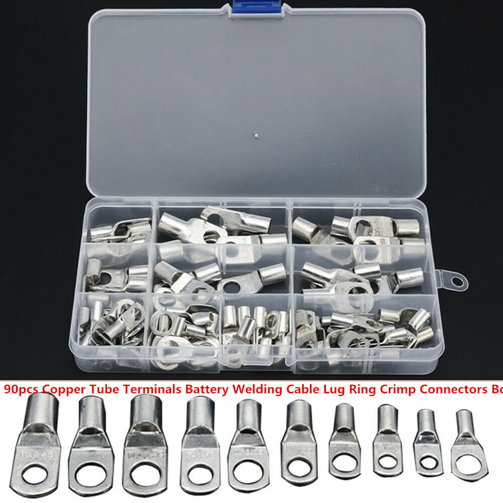 90PCS Copper Tube Terminals Battery Welding Cable Lug Ring Crimp Connector Handy