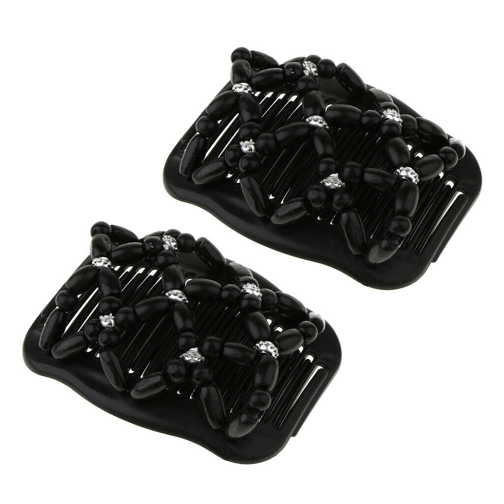 2 Double Slide Hair Comb Ladies Stretchy  Wood Beads Hair Clip Hair Styling