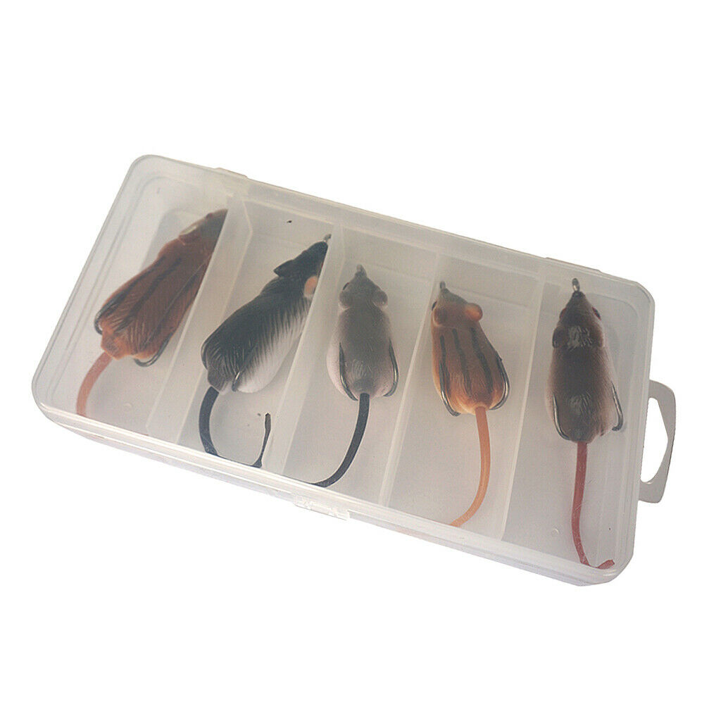 5x Top Water Mouse Lures Soft Mice Rats Fishing Baits Set with Tackle Box
