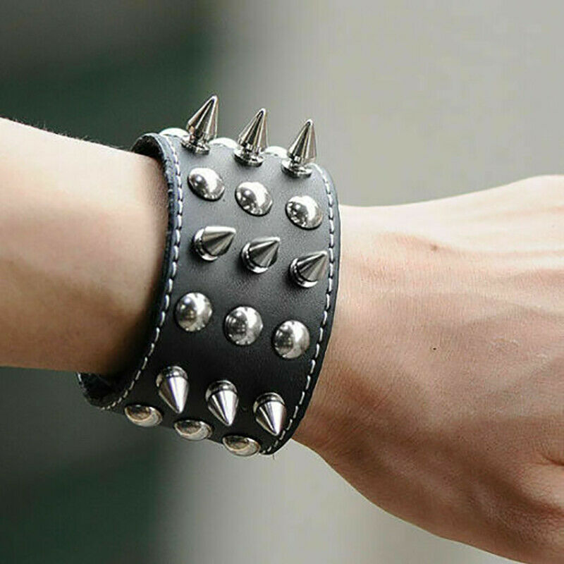 Punk Cowhide Rivet Spike Coin Men Bracelet Gothic Rock Leather Wristband HN US