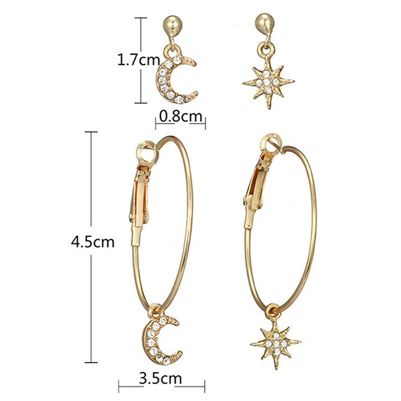 4X Bohemian Large Circle Earrings Ear Clip Crystal Moon Star Stud Jewelry LDU Xz