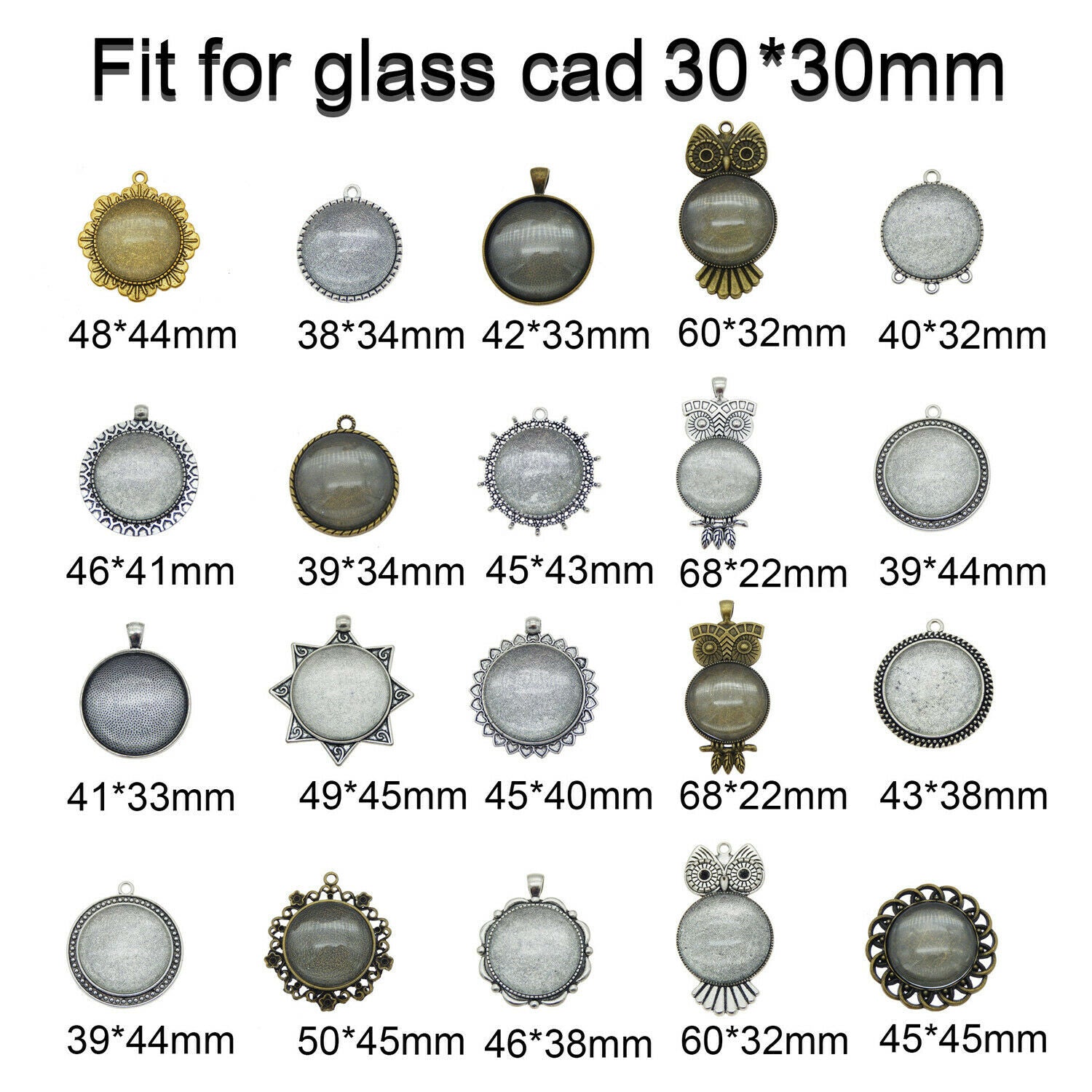 5 sets Metal Blanks with Round 30mm Clear Glass Cabochons Pendants Send Randomly