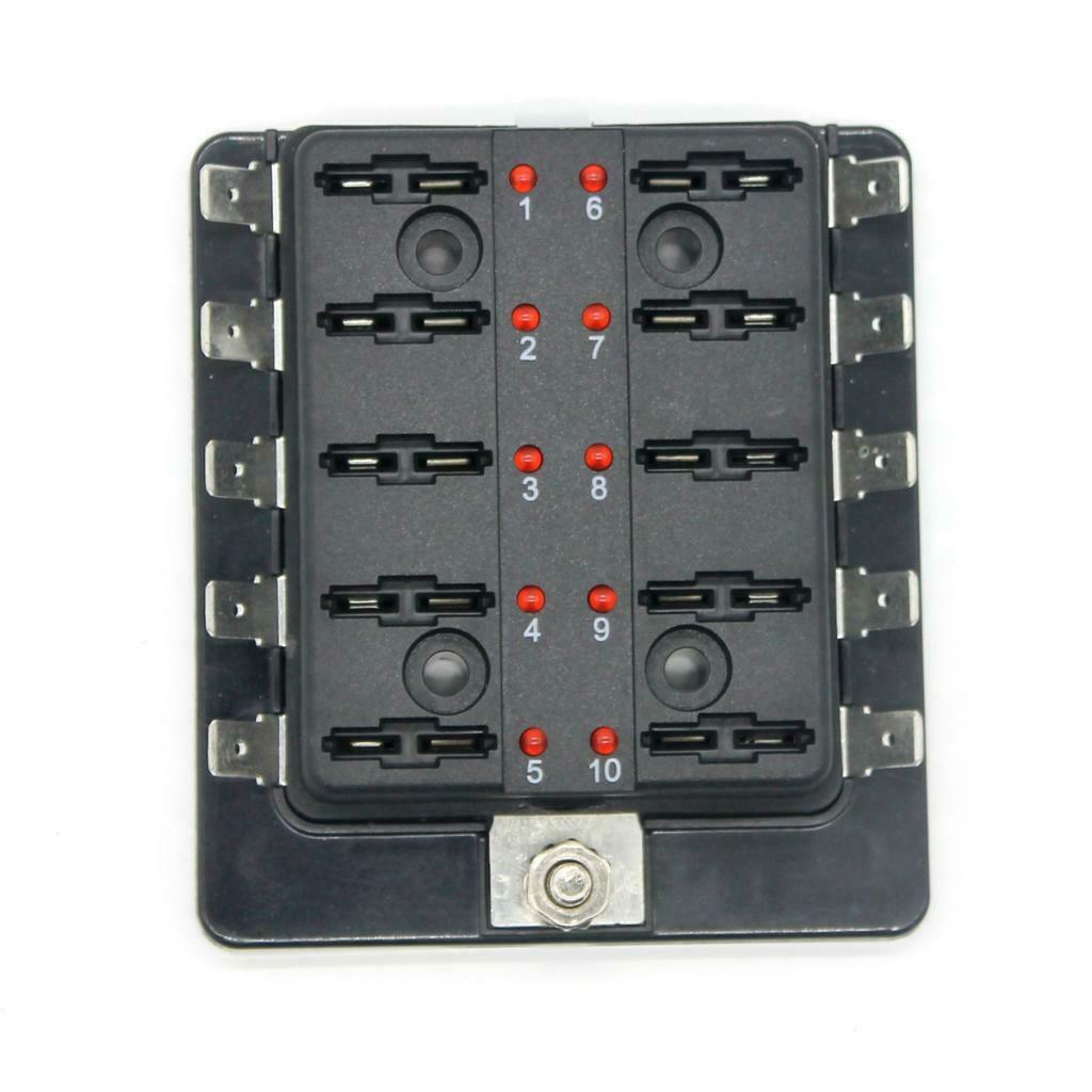 10 Way Universal Car Truck Boat Blade Fuse Box Holder Block w/ LED Indicator