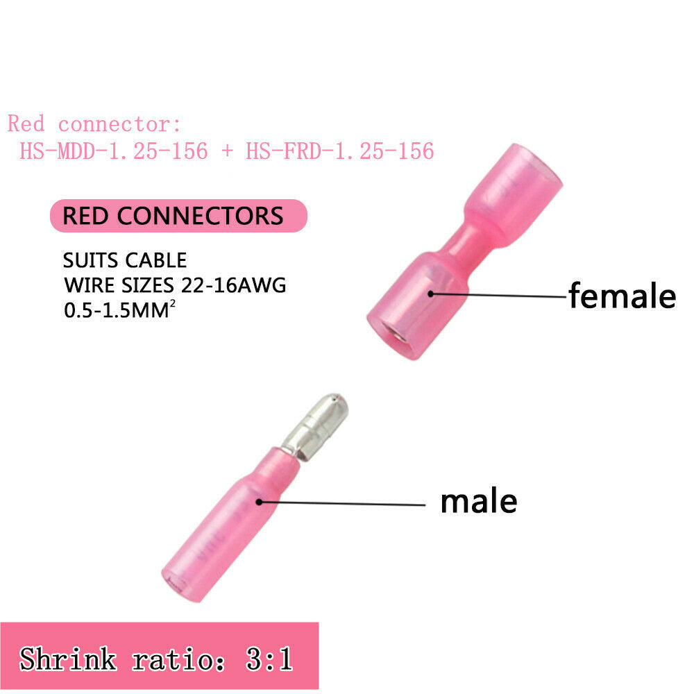 300Pcs Heat Shrink Bullet Wire Connectors 22-10AWG Male Female Crimp Terminals