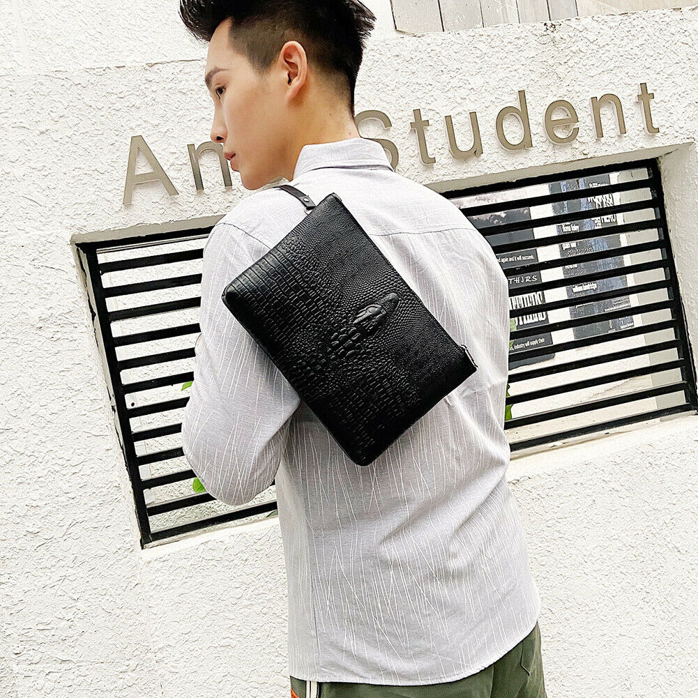 Fashion Alligator Leather Men Wallet Solid Business Purse Zipper Clutch Bag @