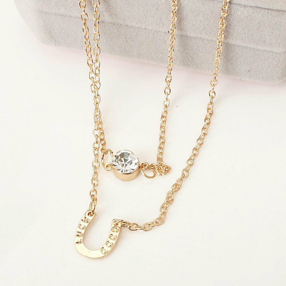 Women Multilayer Rhinestone U Shape Charm Golden Tone Chain Pendant Necklace New