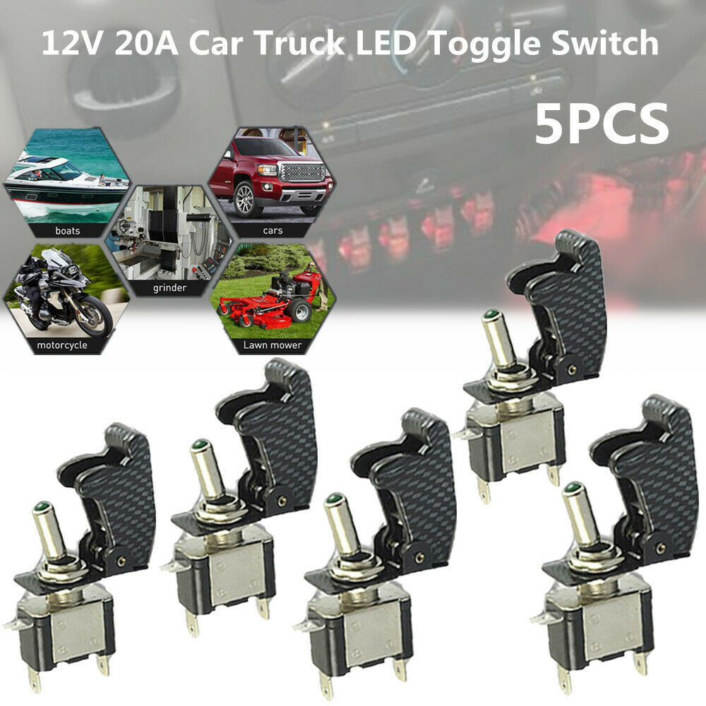 5PCS 20A Car SUV Truck Yacht Carbon Fiber Cover LED Light Rocker Toggle Switch