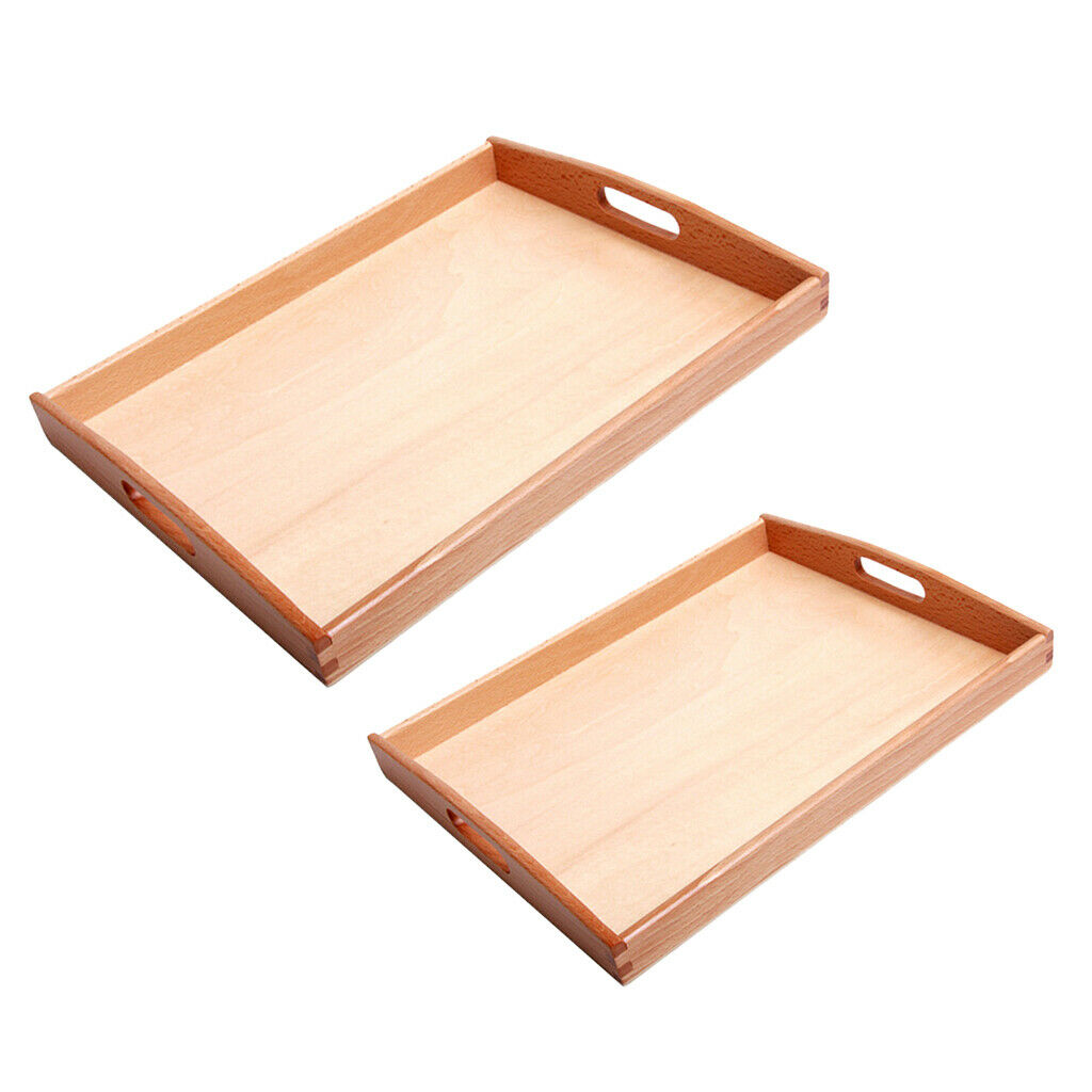 2 Wooden Montessori Rectangle Tray Cubes Beads Toys Holders With Handle S&M