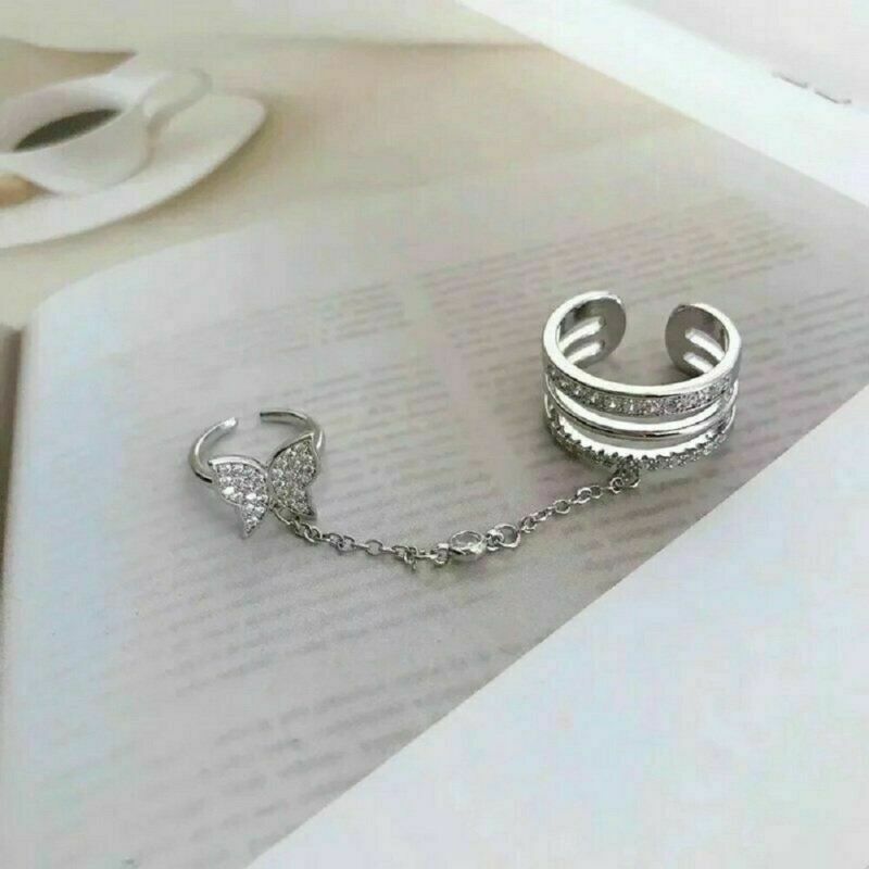 Women 925Silver Butterfly Zircon Ring Adjustable Chain Open Ring Party Jewelry.