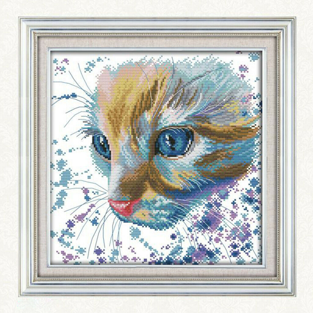 Watercolor Cat Pattern Stamped Cross Stitch Kit DIY Needlework 14CT 32x32cm