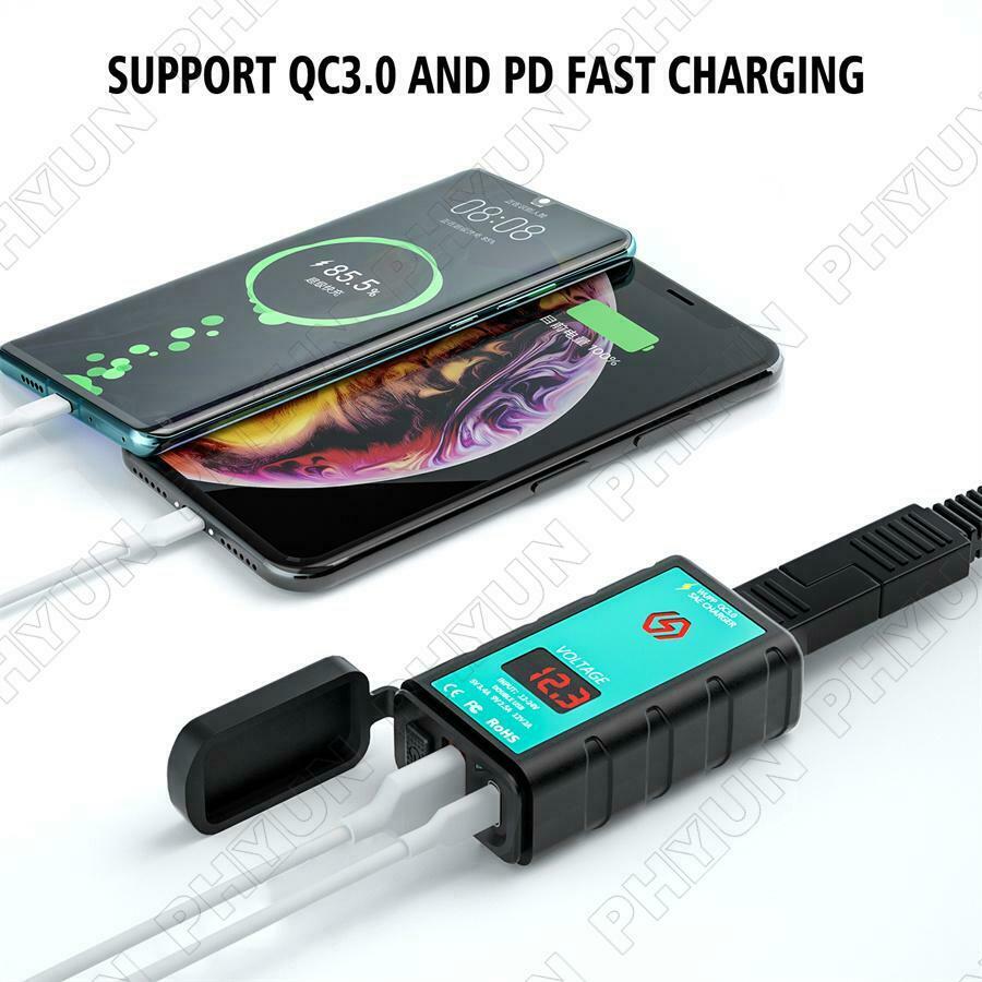 Motorcycle Moped USB + Type-C Fast Charger w/ Voltmeter Power Switch SAE Socket