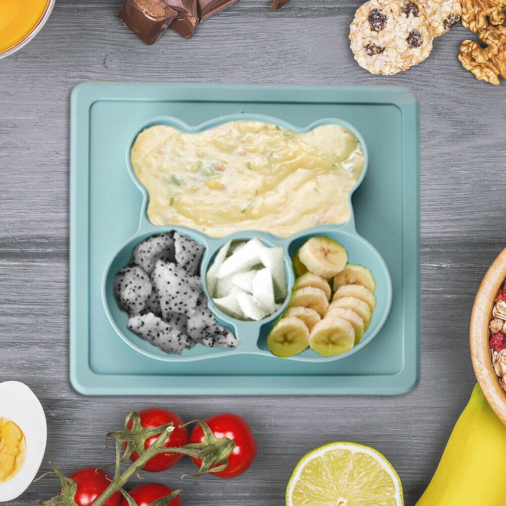 Bear Shaped Baby Plate Spoon Set Suction Anti-Hot Feeding Food Tableware @