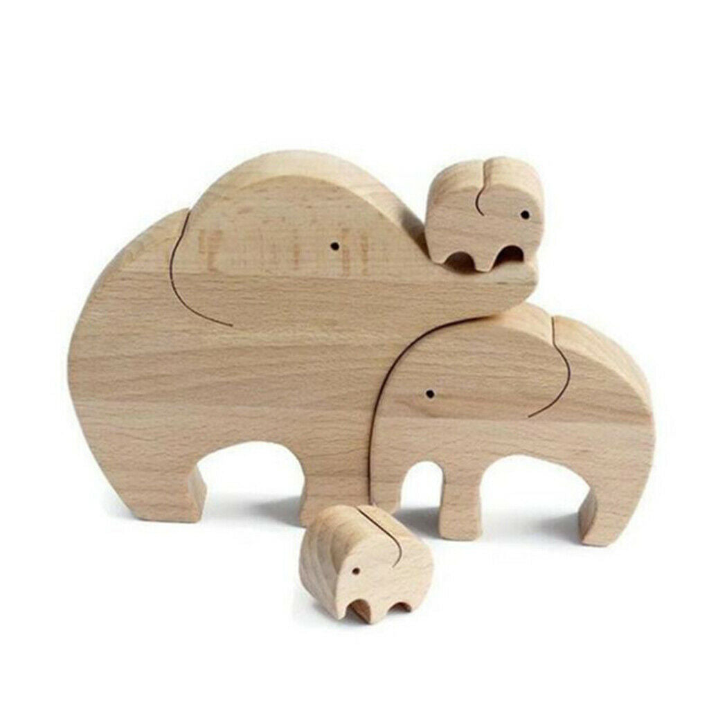 Elephant Family Statue Wood Animal Sculpture Indoor Home Decor Mother's Gifts