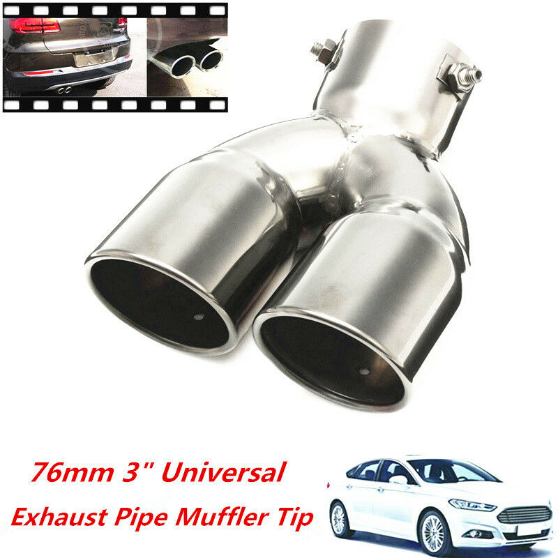 76mm 3" Universal Chrome Stainless Car Rear Double Exhaust Pipe Tail Muffler Tip