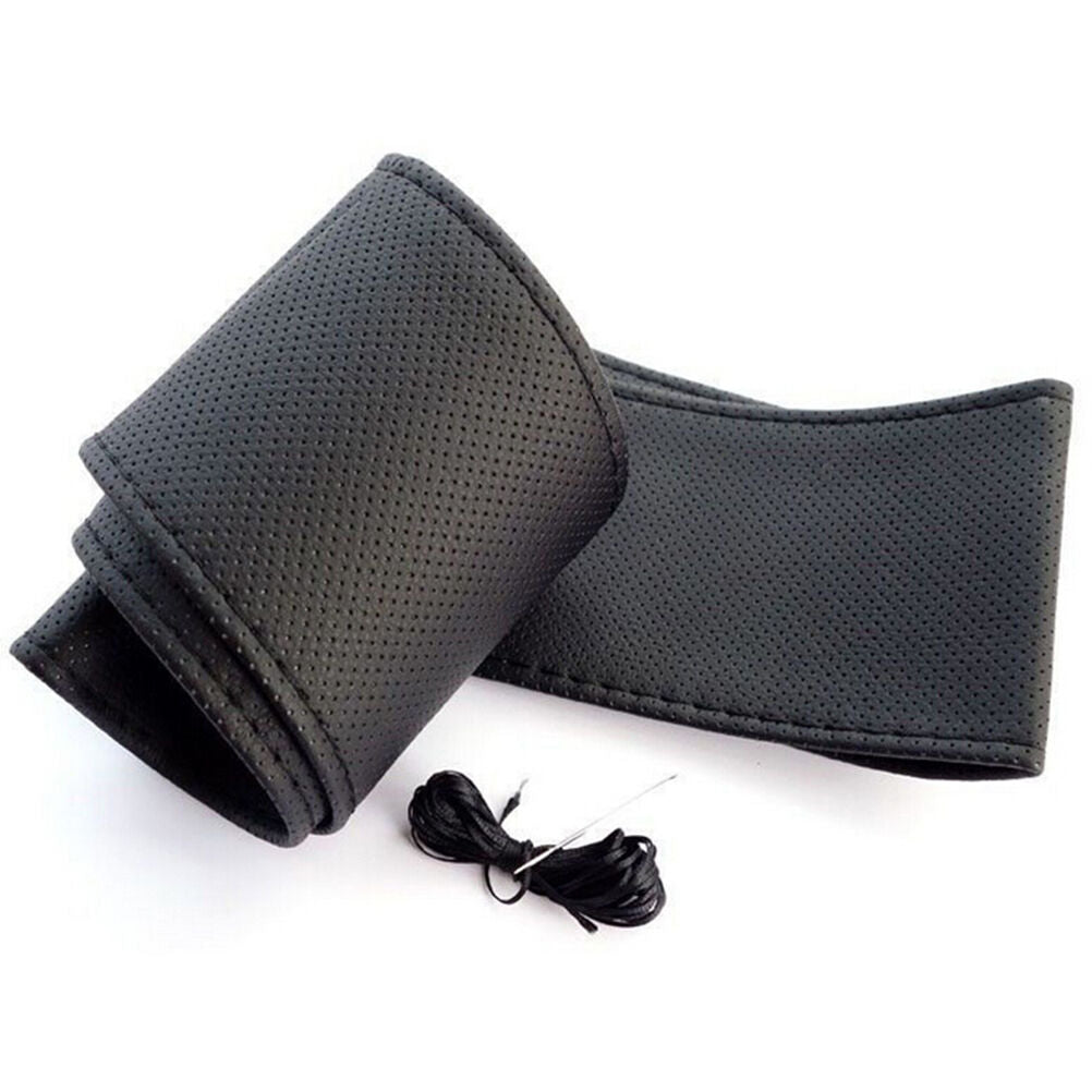 Car Truck Leather Steering Wheel Cover With Needles and Thread Black DI.l8