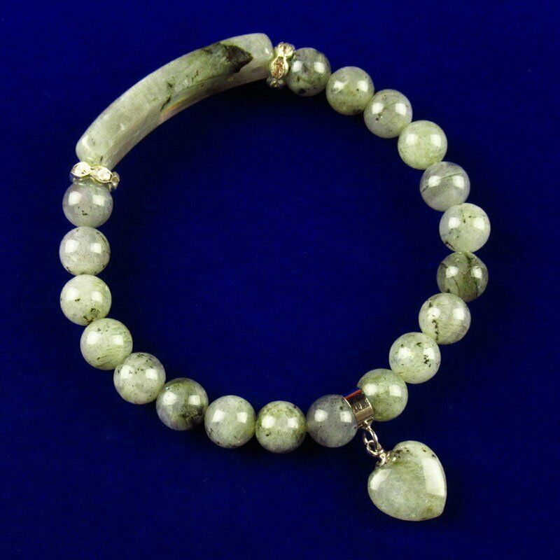 Natural Blue Flame Labradorite Oblong Heart Rhinestone Stretchy Bracelet 60SL