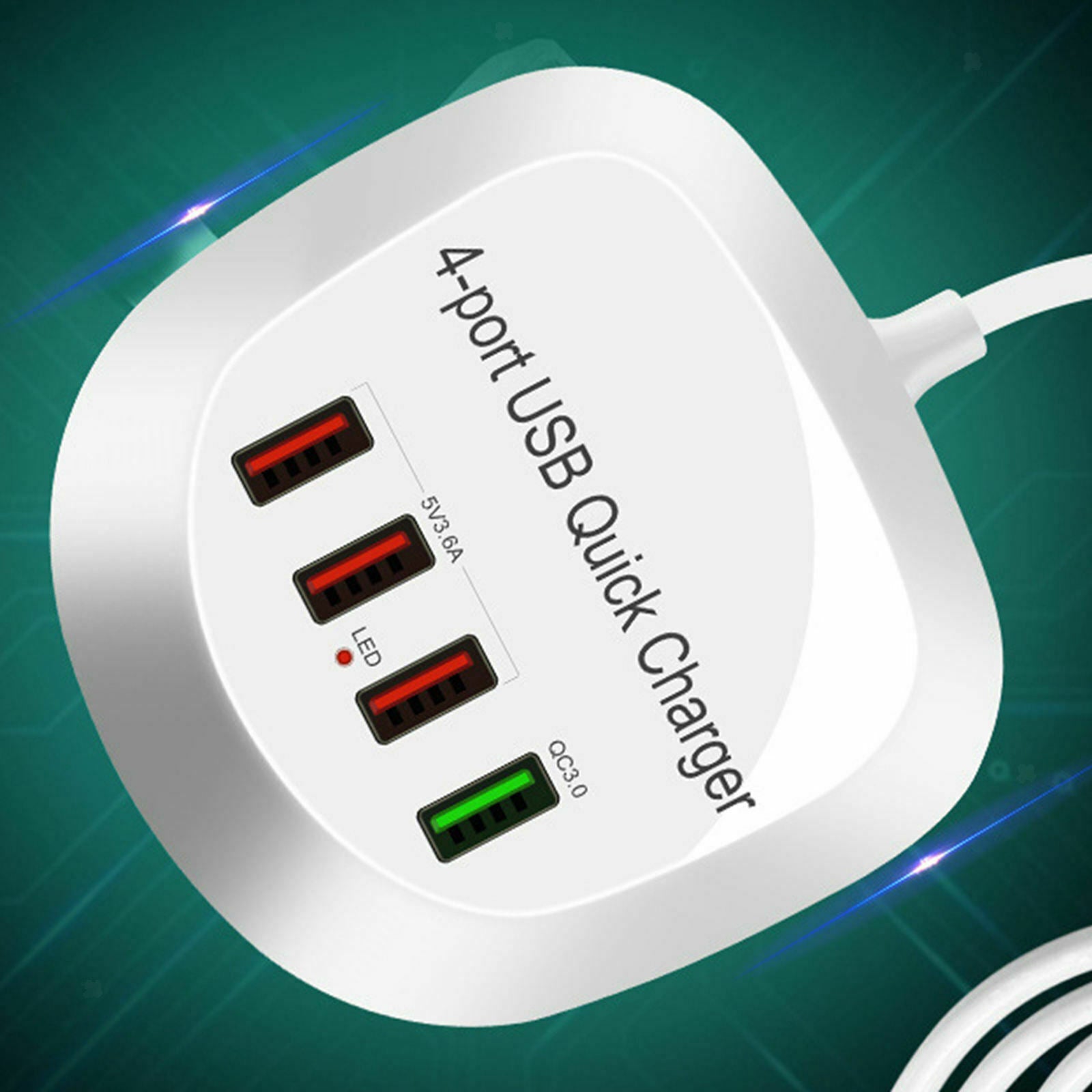 USB Charger Hub with QC 3.0 4 USB Ports 115cm Cord White Compact Plug-US