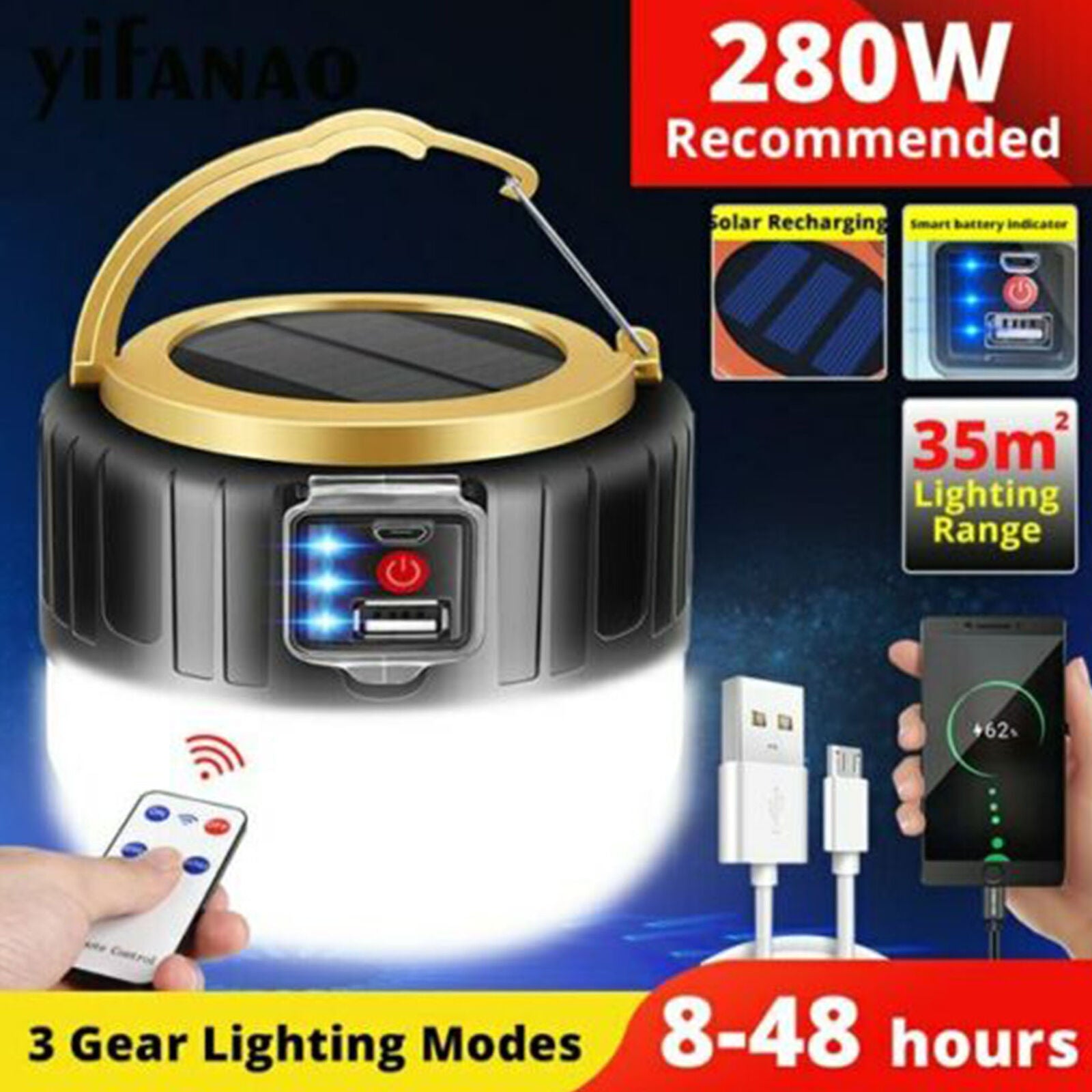 280W Solar LED Camping Light Tent Lamp USB Rechargeable Bulb Lantern Flashlight
