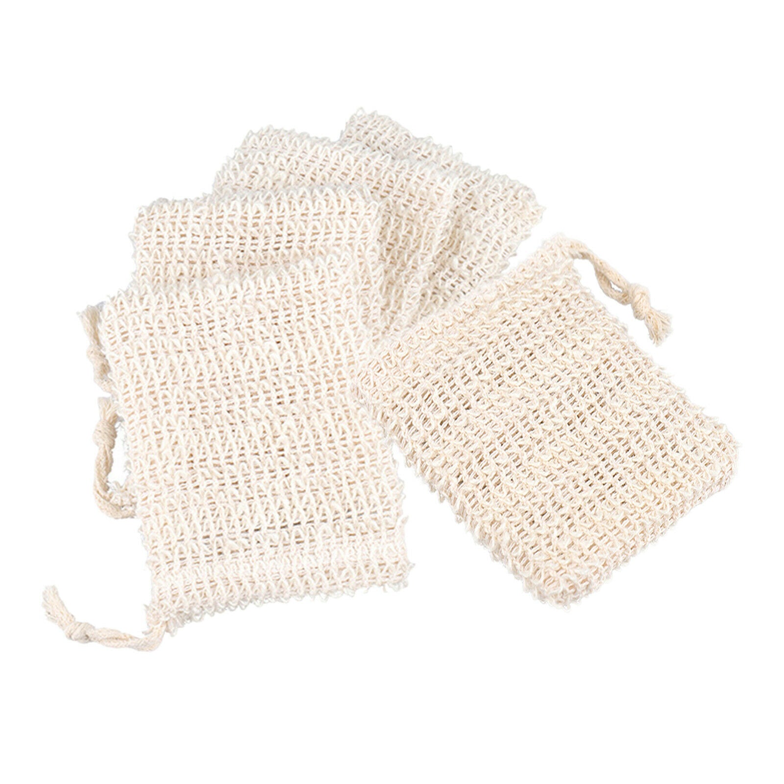 5x Natural Ramie Soap Holder Bag with Drawstring Hand Made for Bath & Shower