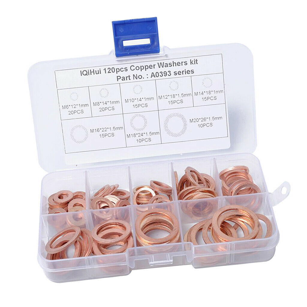 120Pcs 8 Sizes Assorted Solid Copper Crush Washers Seal Flat Ring with Case