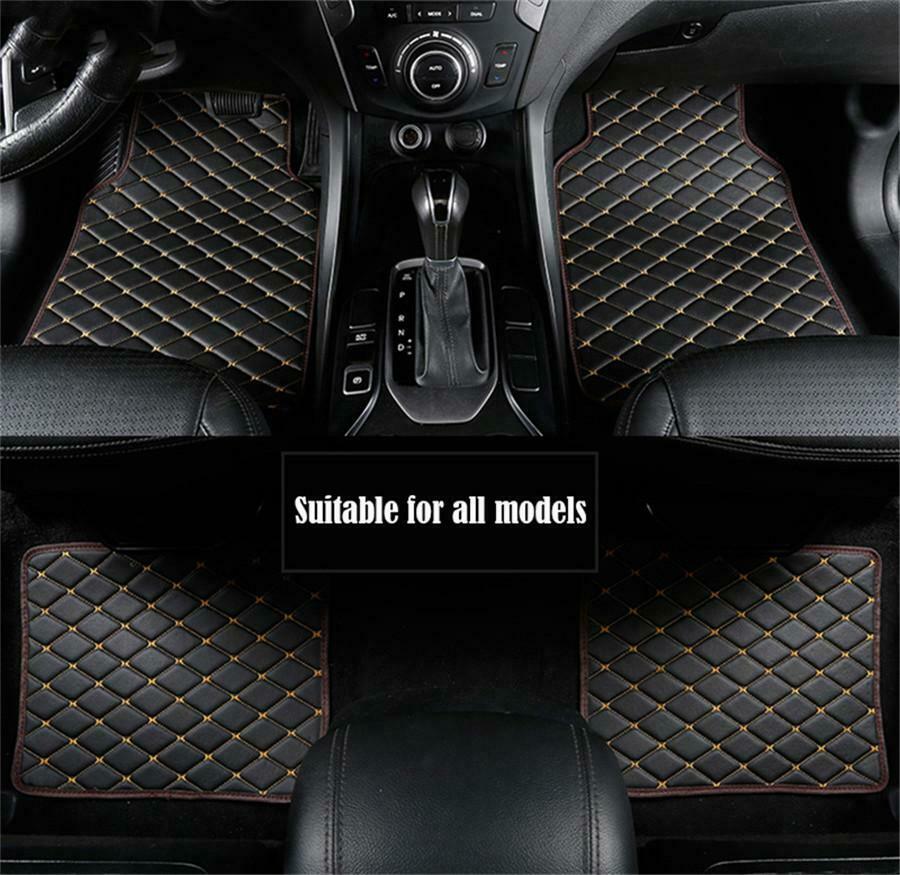 4x Black PU Leather Car Floor Mats Beige Line Waterproof Interior Universal