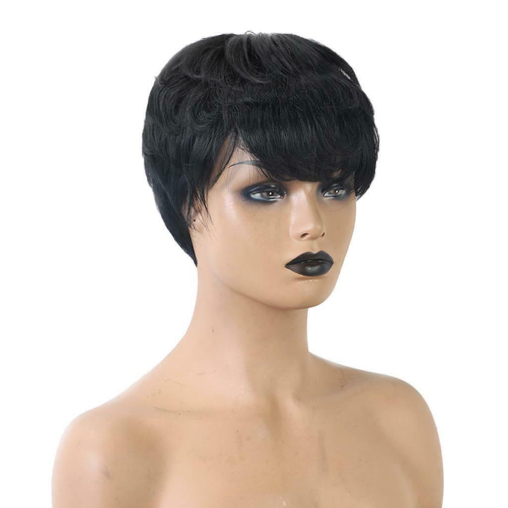 8" Women Pixie Cut Straight Daily Wig w/ Bangs Layered Short Human Hair Wigs