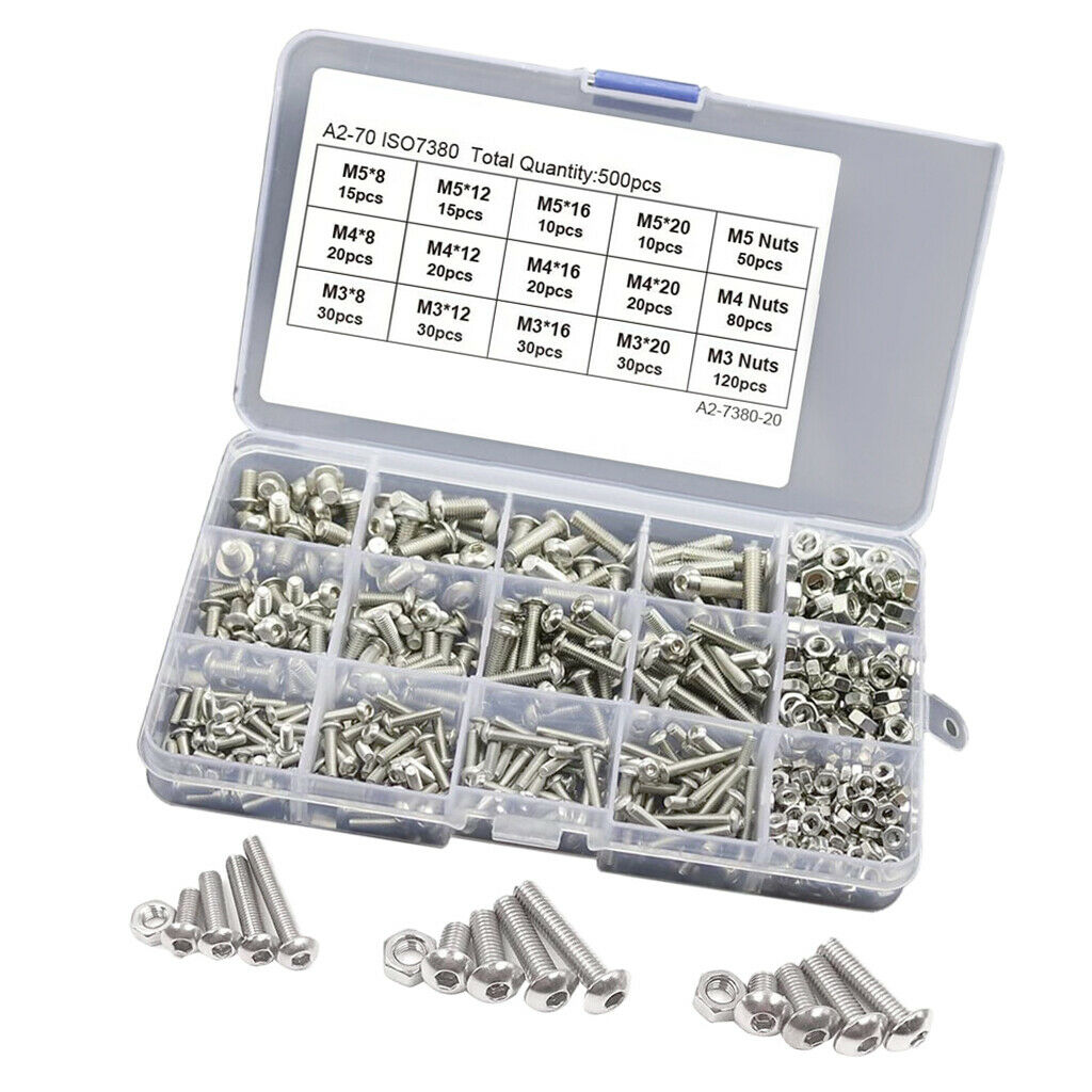 500pcs Stainless Steel Hex Socket Bolts Screws Nuts Kit Industrial Fasteners