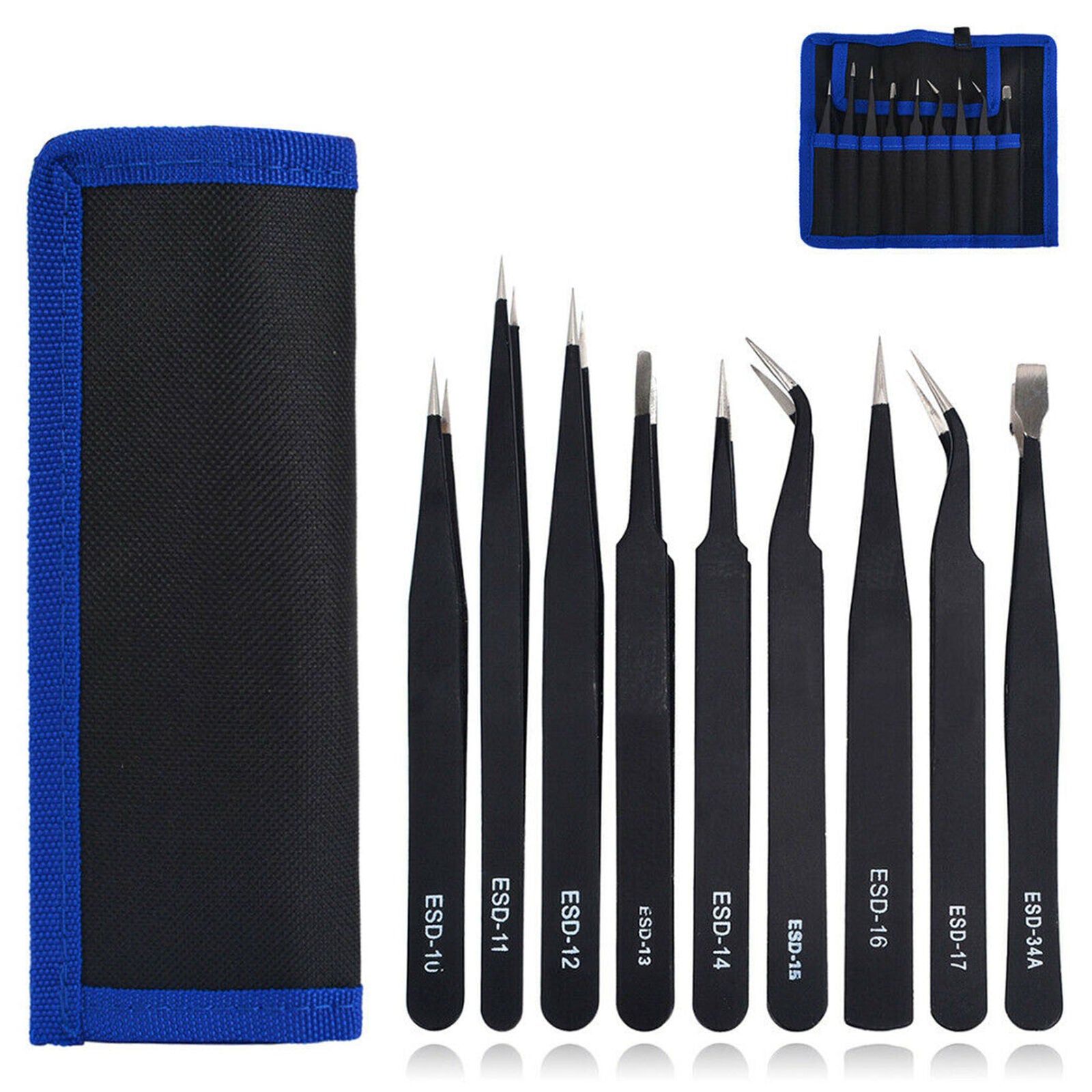 9PCS ESD Anti-Static Tweezers Set Maintenance Repair Stainless Steel Tools Kit