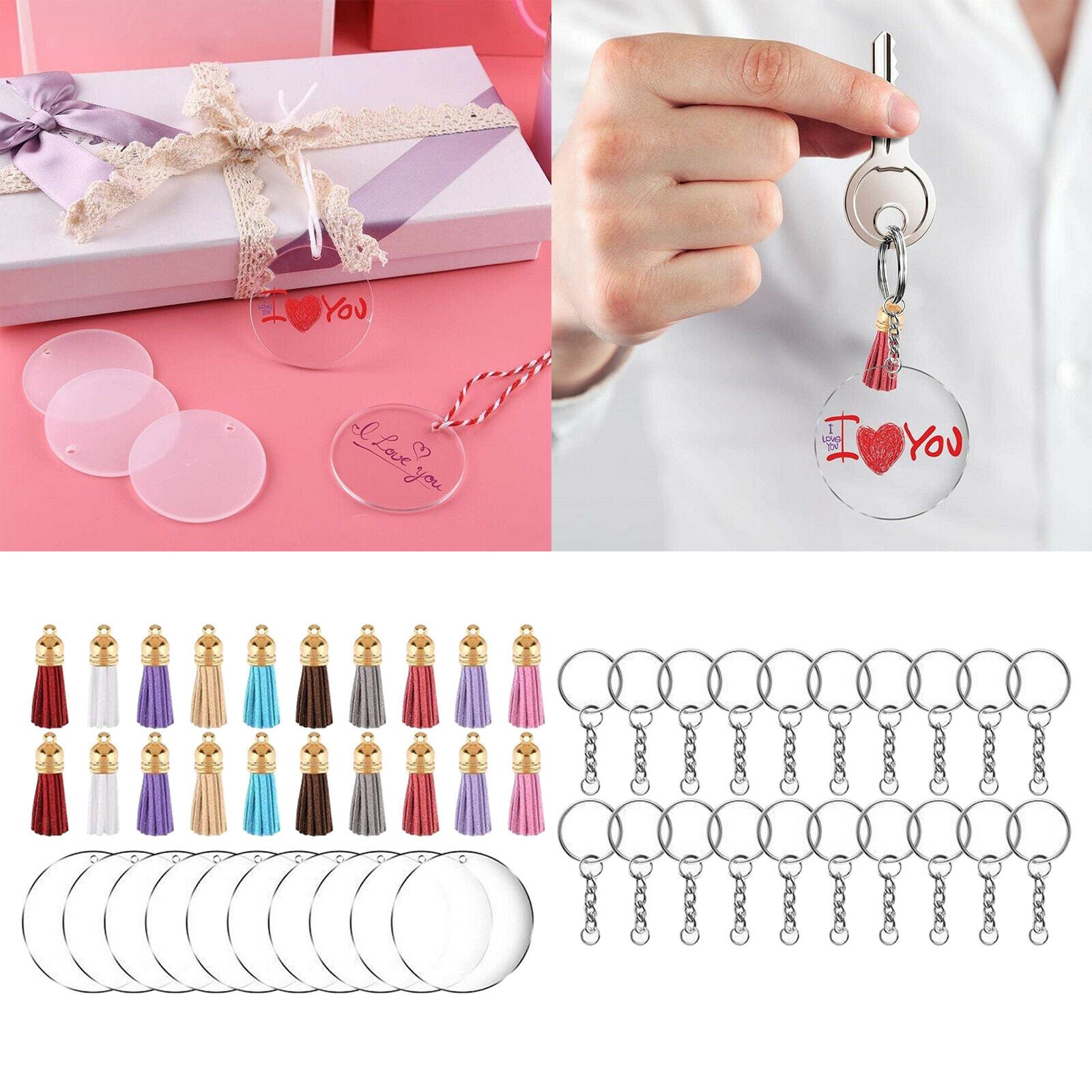 90Pcs Clear Acrylic Circle Discs Keychain Blanks Tassel Pendant Key Ring DIY