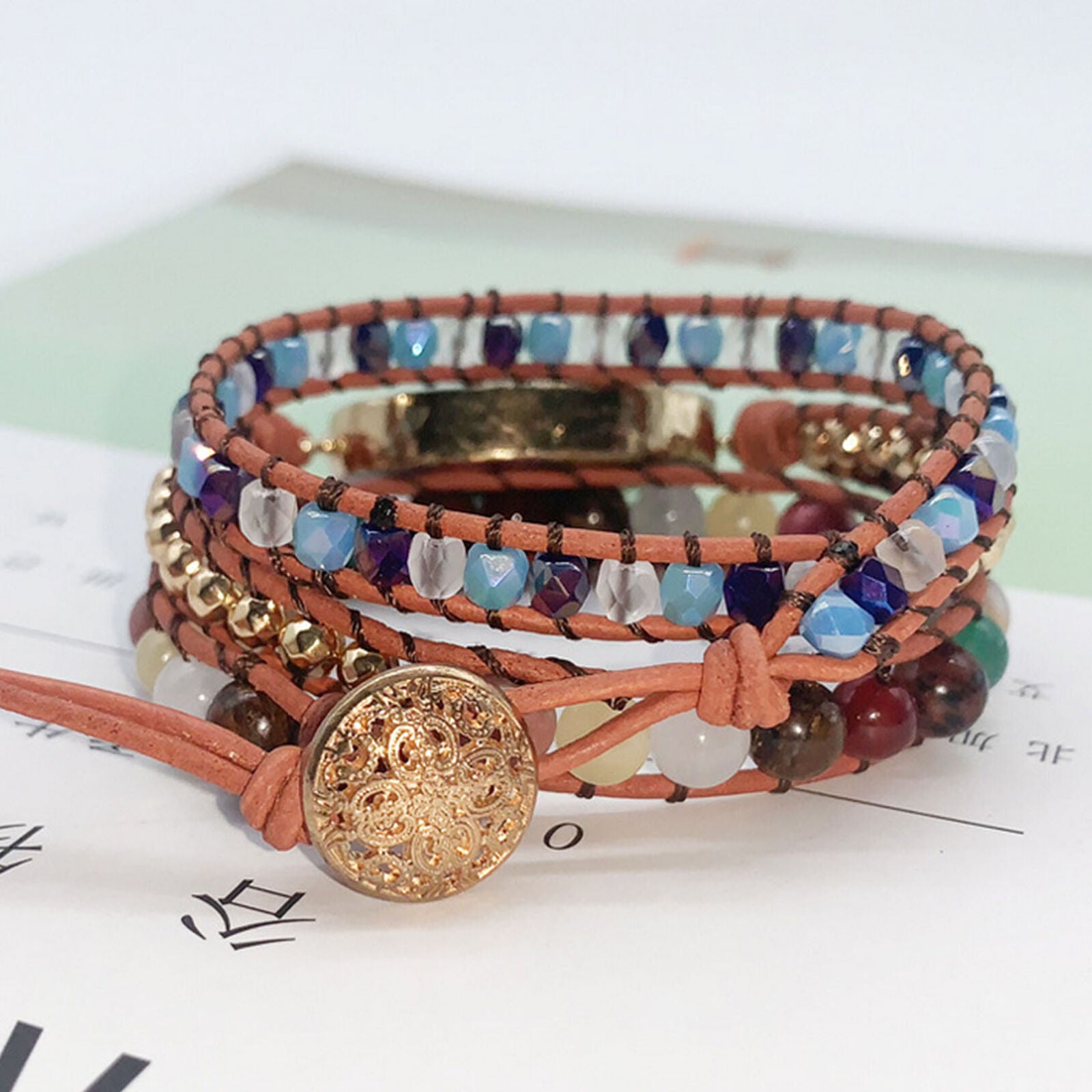 Chakra Colorful Copper Imperial Jasper Leather Wrap Boho Women Bracelet