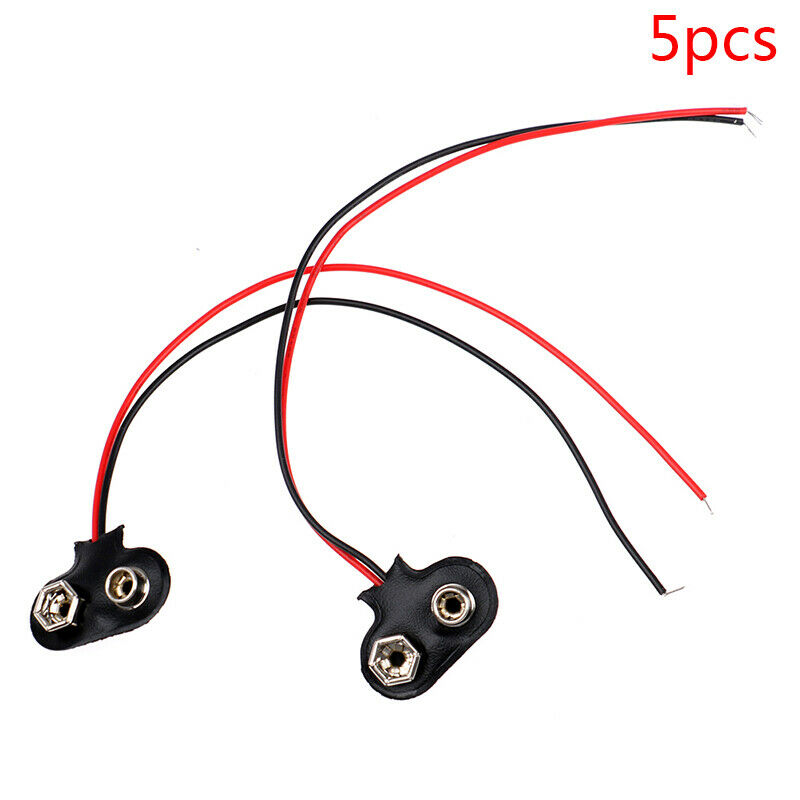 5Pcs Snap 9V (9 Volt) Battery Clip Connector T Type Black w Cab.l8