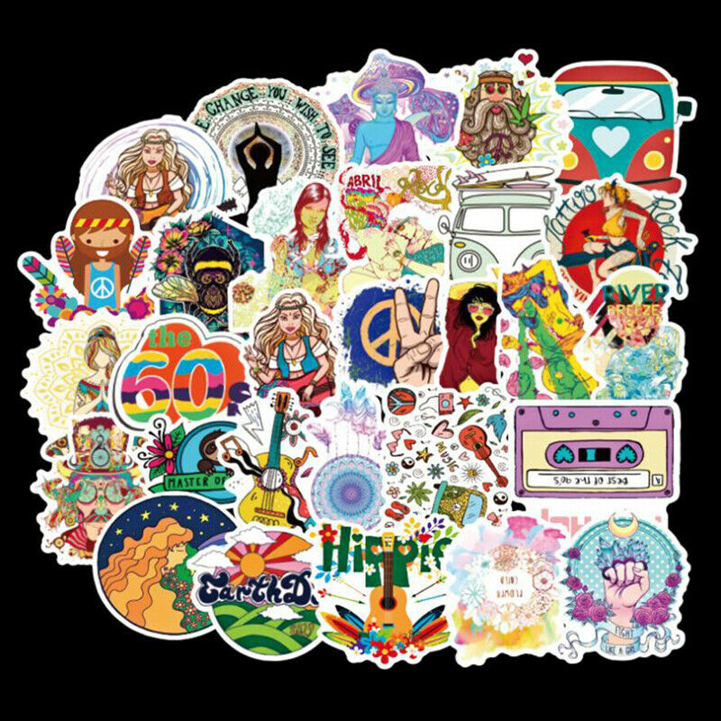 50Pcs Retro Hippies Stickers Waterproof Laptop Skateboard Luggage Guitar Stic Lt