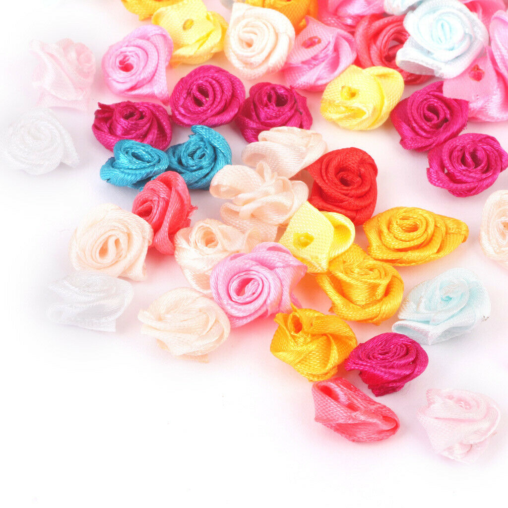 480pcs Mixed Colour Satin Ribbon Rose Flower Wedding Appliques Sewing Decor