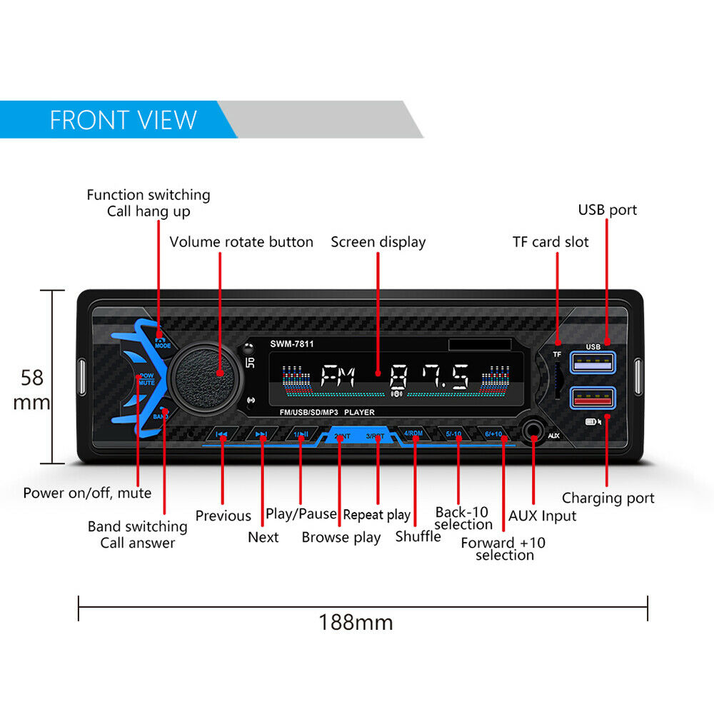 12V Car 1Din MP3/FM/USB/TF Player Stereo Radio Input Bluetooth Remote Kit