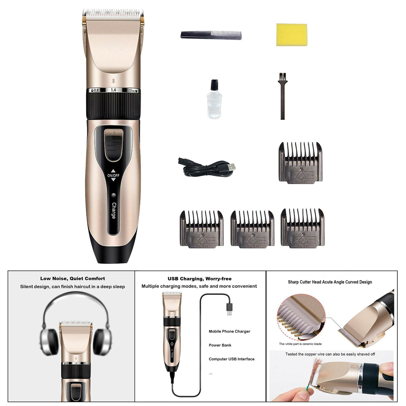 Portable Men Kids USB Rechargeable Electric Hair Clipper with Guide Comb