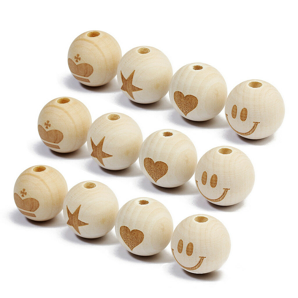 20pcs Star Printed Unfinished Wood Round Wooden Beads for DIY Crafts 20mm