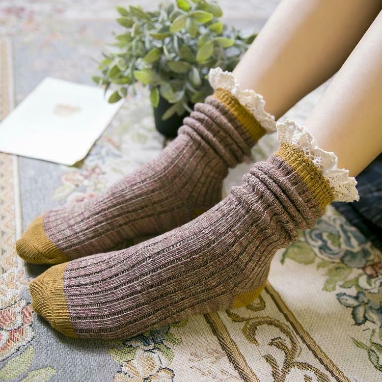 3 Pairs Women's Socks Cotton Blend Lace Ruffle Two Tones Knit Socks Thick Winter