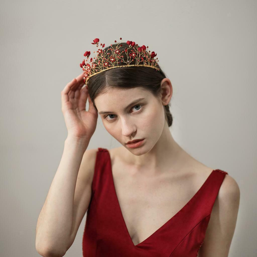 Bride Crown Headband Red Tiara Hair Band Party Headwear Headdress Headpiece